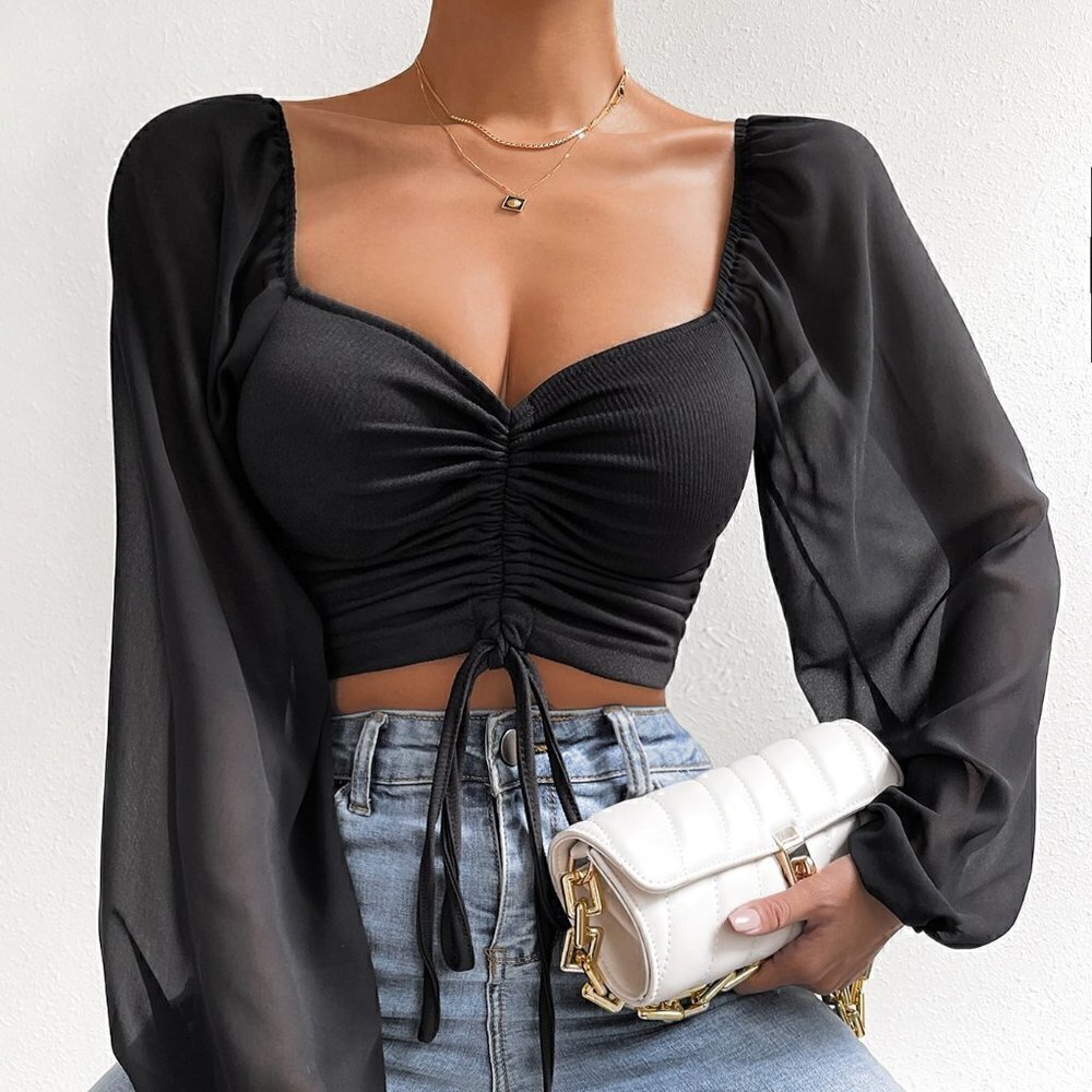 Black Casual Women's Sweetheart Neck Drawstring Lantern Sleeve Crop Top